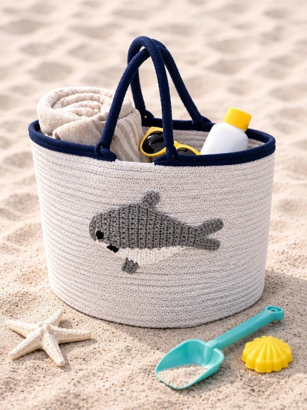 Woven Cotton Rope Shark Basket Tote Beach Bag Toy Storage Coastal